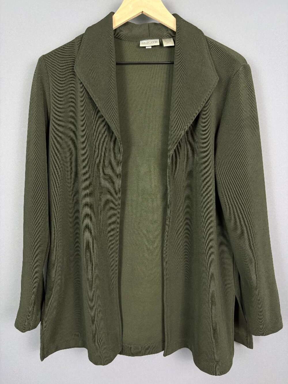 Chico’s Olive Green Open Front Knit Blazer Jacket Size 1